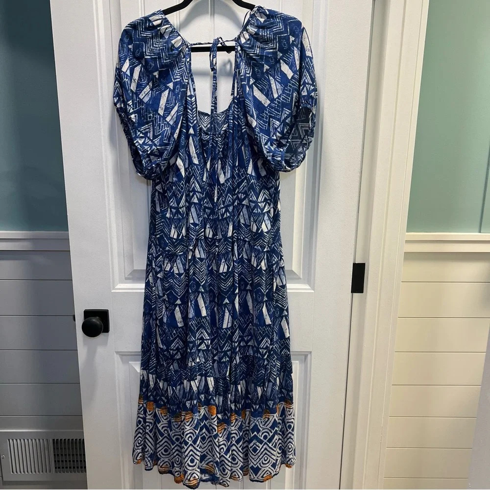 Knox Rose A-Line Blue Geometric Short-Sleeve Midi‎ Dress. Size Large. - Picture 5 of 13